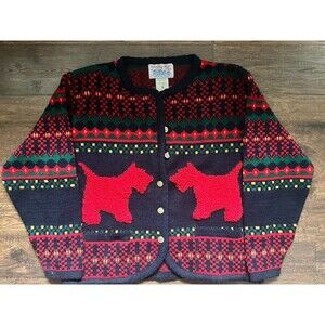 Vintage Tally Ho Scottie Dog Hand Knit Cardigan Sweater Small Fair Isle
